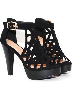 Women's Black Laser-Cut Platform High Heel Sandals with Ankle Buckle